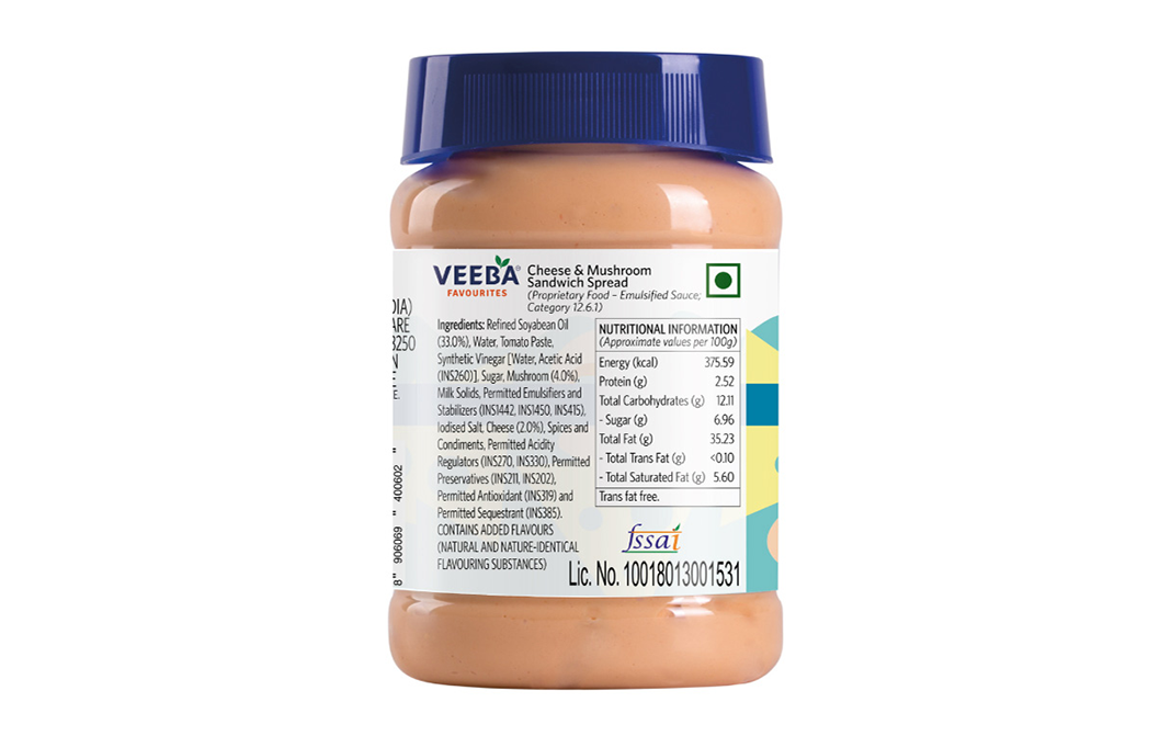 Veeba Cheese & Mushroom Sandwich Spread   Plastic Jar  280 grams